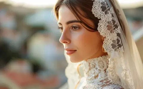 Profil d'une mariée portant une robe traditionnelle portugaise, voile en dentelle fine et col orné de perles.