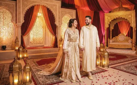 Un couple rayonnant lors d'un mariage arabe, entouré de décorations somptueuses et de lanternes dorées.