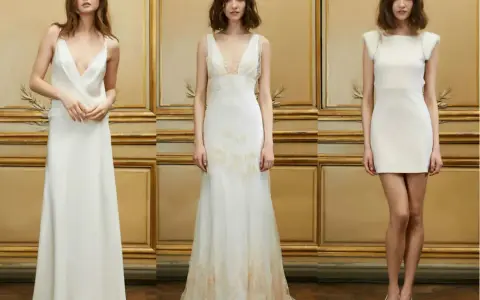 Trois robes de mariée Delphine Manivet : une longue et fluide, une longue en dentelle, et une courte moderne.