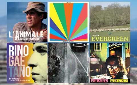 Collage d'albums de musique italienne, dont Adriano Celentano et Vasco Rossi, évoquant une ambiance de chanson d'amour italienne.