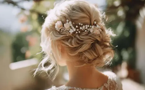 Coiffure mariage cheveux mi long, un chignon flou orné de perles et de petites fleurs, parfait pour un jour J romantique.