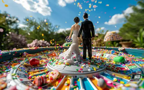 Figurines de mariés sur une roulette de casino colorée, parfaits pour organiser une tombola originale. Confettis et bonbons volent dans l'air.