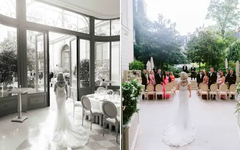La mariée, en robe scintillante, marche vers l'autel extérieur où l'attendent ses invités. La fête de mariage commence.