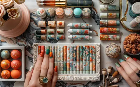 Manucure inspirée d'un mariage bohème : des ongles aux motifs floraux et colorés, assortis à des tubes de maquillage et des boules décoratives.