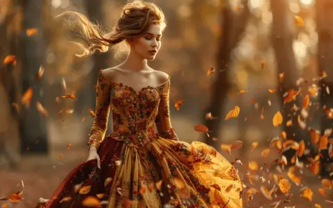 Une jeune femme dans une robe de mariage automne, ses cheveux flottant au vent, entourée de feuilles tombées dans une forêt dorée.