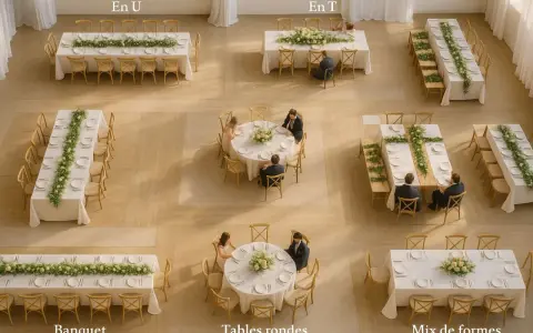 Différents plans de table en épi pour un mariage : tables rectangulaires, rondes et en U, décorées de fleurs.