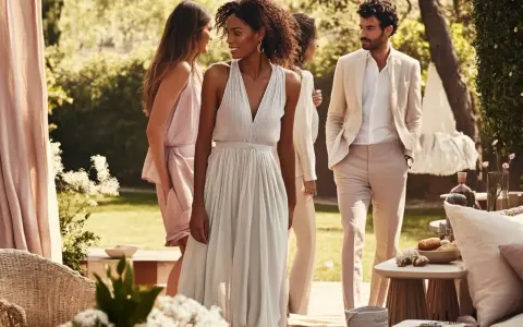 Des invités élégants discutent lors d'un brunch de mariage en plein air. Idées pour comment s'habiller pour un brunch de mariage : robes légères et costumes clairs.