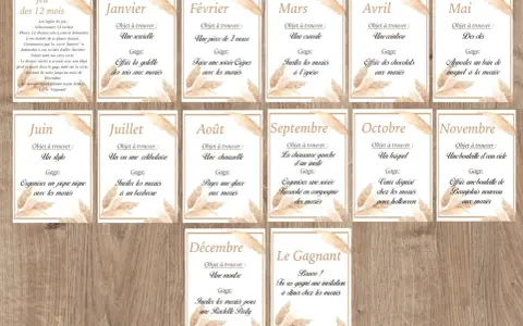 Jeu des 12 mois : chaque mois, un objet à trouver et un gage pour les invités. Le gagnant remporte une invitation à dîner chez les mariés.