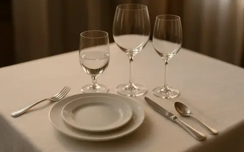 Trois verres à pied sur une table dressée. Quel côté verre à eau est le plus rempli ? Une assiette, une fourchette, un couteau et une cuillère complètent la mise en place.