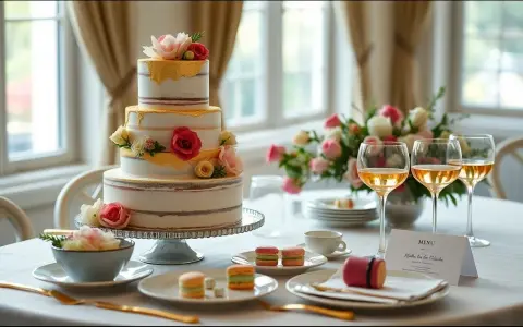 Un magnifique gâteau à trois étages orné de fleurs et de dorures, prêt pour un repas mariage. Des macarons et des coupes de champagne complètent la scène.