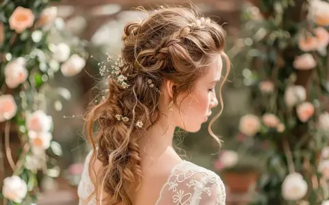 Une mariée avec une demi queue tressée ornée de petites fleurs, parfaite pour un mariage champêtre.