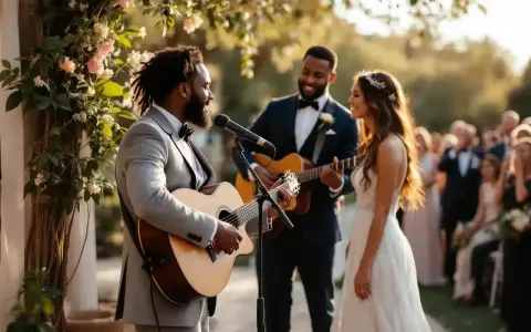 Un musicien joue de la guitare pour un couple marié, créant un moment de surprise mariage émouvant.