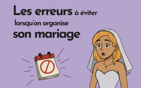 Une mariée surprise regarde un calendrier barré, symbolisant les erreurs à éviter pour organiser son mariage, y compris le dossier mariage mairie.
