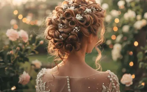 Magnifique coiffure cheveux bouclés mariage, ornée de perles et de petites fleurs blanches, dans un décor champêtre illuminé.
