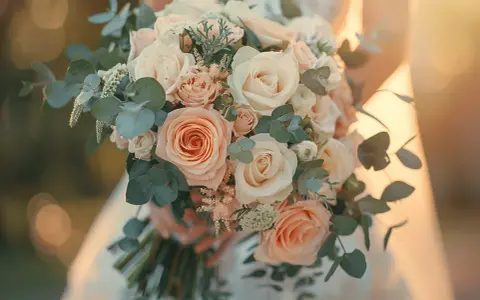 Un joli petit bouquet mariage civil, composé de roses pêche et crème, d'eucalyptus et de petites fleurs blanches, tenu par une mariée.