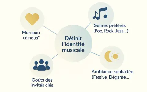 Schéma pour définir l'identité musicale d'une playlist mariage toute faite : morceau à nous, genres préférés, goûts des invités, ambiance souhaitée.