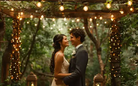 Un couple s'embrasse tendrement sous une arche décorée de guirlandes lumineuses, un doux moment de mariage en forêt.
