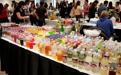 Une table déborde de bouteilles de boissons colorées. Combien de bouteilles d'eau pour 50 personnes ? Il y en a des centaines !