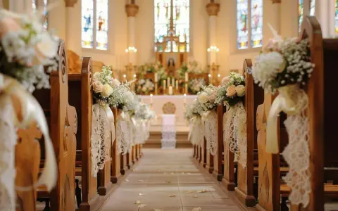 Allée d'église décorée pour un mariage. Des bouquets de fleurs et de la dentelle ornent les bancs, créant une ambiance romantique. Déco église mariage à faire soi-même.