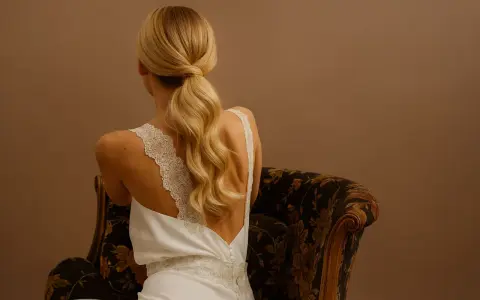 Une invitée de mariage arbore une élégante robe blanche et une queue de cheval blonde, assise sur un fauteuil fleuri.