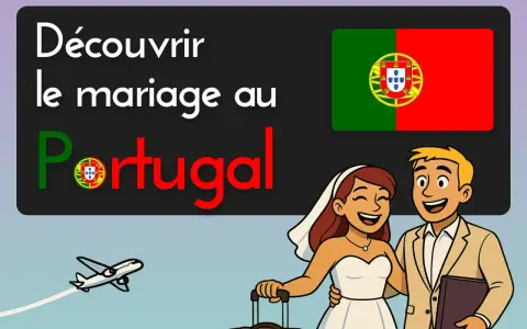 Un couple joyeux s'envole pour son mariage Portugal. L'avion décolle, le drapeau portugais flotte.