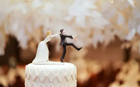 Figurines de mariés sur un gâteau. La mariée tire le marié par le revers. Un clin d'œil humoristique sur le prix d'un gâteau de mariage pour 100 personnes.