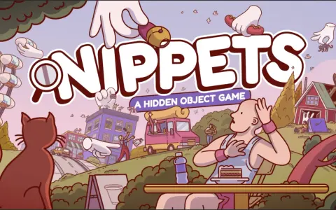 Illustration du jeu "Nippets", un jeu d'objets à aller chercher. Des mains géantes manipulent des objets dans une scène animée.
