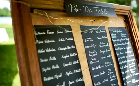 Plan de table pour 4 personnes, affichant des noms manuscrits sur des tableaux noirs.