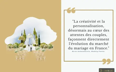 Illustration d'une cérémonie de mariage en plein air, avec un couple sous un kiosque, des chaises disposées. Citation sur la personnalisation de l'animation mariage.