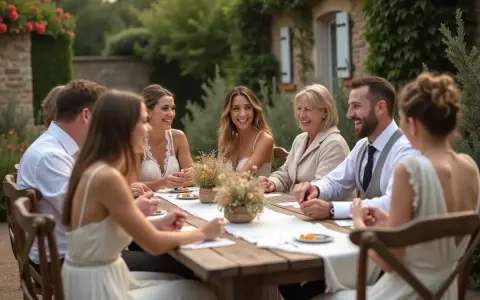 Un groupe de personnes souriantes partage un repas en plein air, profitant de jeux mariage petit comité dans un cadre champêtre.