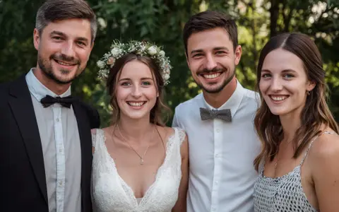 Un couple heureux, entouré de leurs témoins, après la cérémonie à la mairie. La mariée porte une couronne de fleurs.