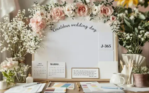J-365 mariage : un tableau de compte à rebours décoré de roses et de gypsophile, avec des calendriers et des notes.