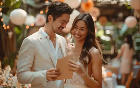 Un couple souriant lit une carte lors d'un mariage en plein air. Ils semblent discuter de combien donner pour un apéro de mariage.