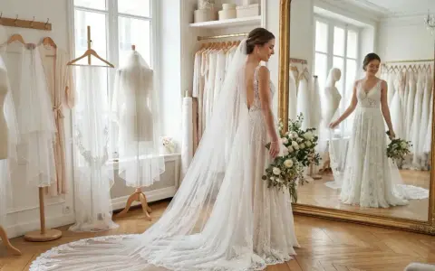 Une mariée avec des cheveux lâchés sous un voile, tenant un bouquet, admire sa robe dans un miroir.