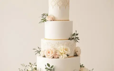 Magnifique gâteau de mariage traditionnel à quatre étages, orné de dentelle dorée, de roses pâles et de feuillage.