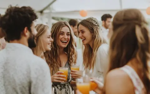 Des jeunes femmes rient joyeusement lors d'une fête de mariage, un verre à la main. L'ambiance est festive, presque comme une "murder party mariage" où le suspense est remplacé par la joie.