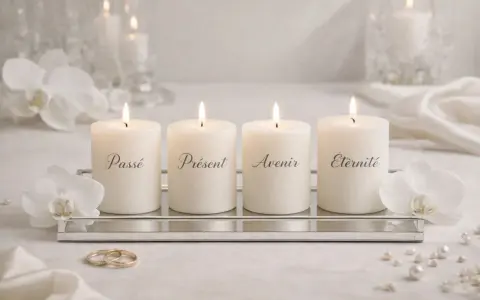 Quatre bougies allumées symbolisant le rituel des bougies mariage : Passé, Présent, Avenir, Éternité. Ornées d'orchidées blanches et d'alliances.