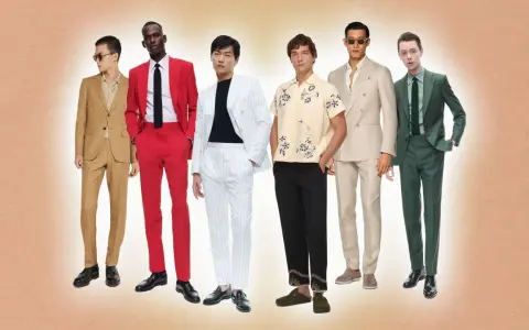 Six hommes présentent des tenues variées, dont une tenue invitée mariage bohème chic homme avec un costume beige décontracté.