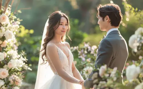 Un couple de mariés se tient la main, entouré de fleurs, sous un soleil doux.