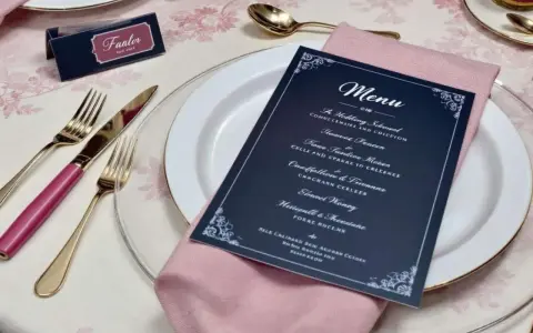 Un exemple de menu de mariage original sur une table dressée avec élégance.