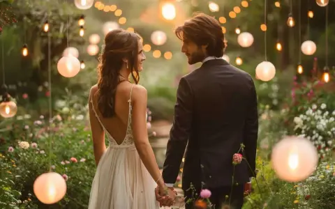 Un couple se tient la main dans un jardin illuminé de lanternes, un moment de tendresse qui révèle les plus belles surprises de mariage.