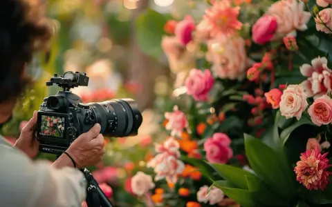 Un témoin filme un mariage avec un appareil photo professionnel, capturant la beauté des fleurs. Une idée vidéo mariage témoin parfaite.