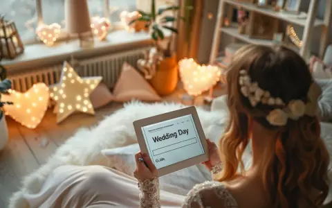 Une mariée consulte un guide sur sa tablette, le "Wedding Day", entourée de lumières en forme de cœur et d'étoiles. Le planning mariage jour j est en cours de préparation.