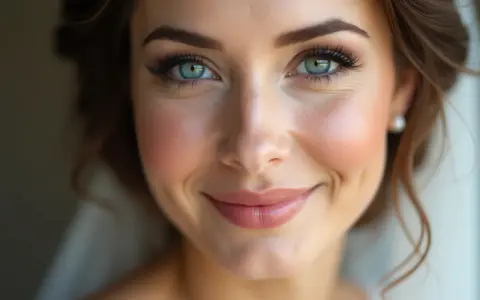 Un maquillage mariage sublime des yeux bleus perçants, rehaussés de cils longs et d'un blush délicat.