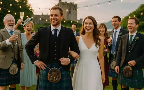 Un couple rayonnant célèbre son mariage en Écosse, entouré de leurs proches. Les kilts traditionnels ajoutent une touche d'authenticité à cette journée mémorable.