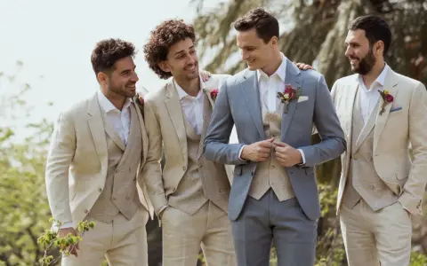 Quatre hommes en costumes de lin, dont un témoin et un garçon d'honneur, sourient et discutent à l'extérieur.