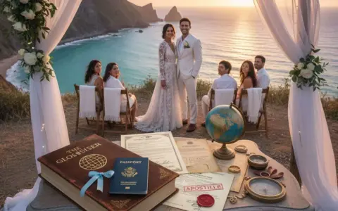 Un couple se marie à l'étranger, entouré de témoins, avec un globe et des documents suggérant un mariage international.