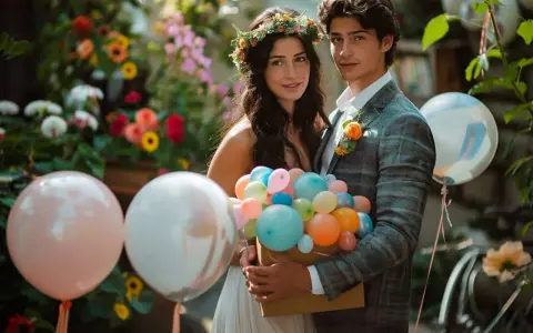 Un jeune couple, elle couronnée de fleurs, lui en costume, tient un bouquet de ballons colorés. Une belle idée surprise mariage.