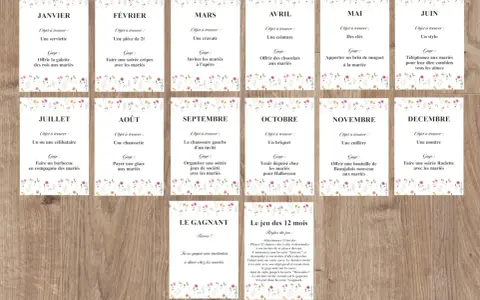 Cartes de jeux mariage "12 mois de l'année" avec des gages et objets à trouver pour chaque mois.