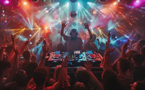 DJ mixant une chanson marrante pour soirée, foule en délire sous les lumières disco.